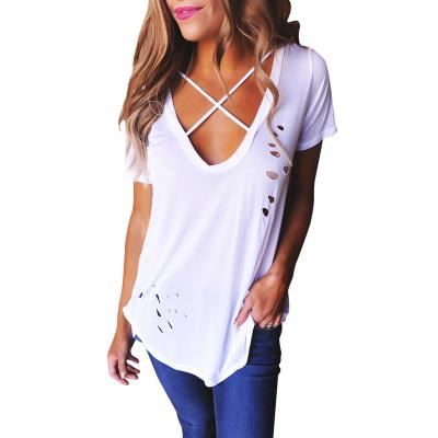 China Hot Selling Anti-pilling Women's Sexy Deep V Neck Cut Holes Distressed Summer Curve Bottom T-Shirt White for sale