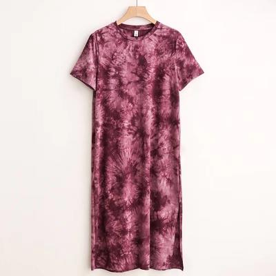 China Summer Cotton White Tie Dye Women Casual T-shirt Dress Shorts Anti-Shrink And Full Sleeves Around Neck Slit Dress for sale