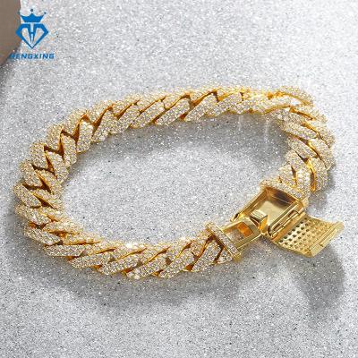 China Hiphop Fashion Custom 15mm Moissante Diamond Cuban Chain 18K gold plating Cuban Link Chain Bracelet For Men And Women for sale