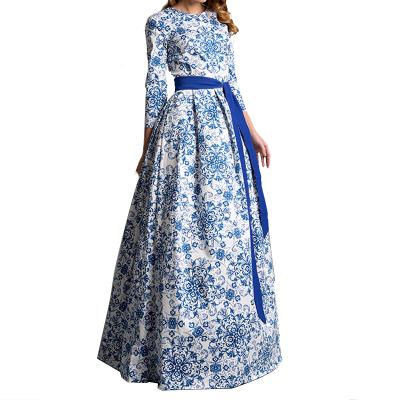 China Wholesaler Anti-Static Elegant Waist Tie Party Dresses Women Sheath Long Floral Maxi Dress for sale