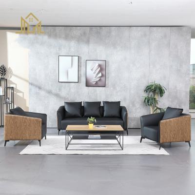 China Simple Modern Leather Sofa Contemporary Office Cowhide Business Reception Guest Meeting Guest Three-Seat Coffee Table Combination Set for sale