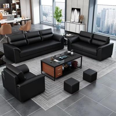 China Simple Modern Leather Sofa Contemporary Office Cowhide Business Reception Guest Meeting Guest Three-Seat Coffee Table Combination Set for sale