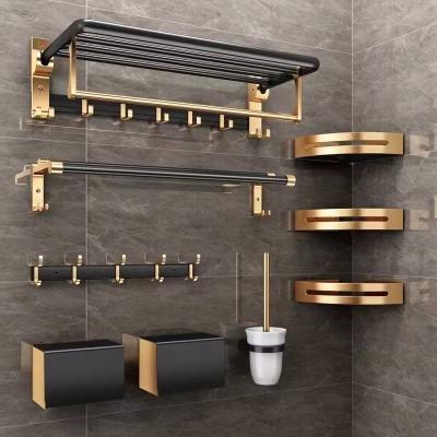 China Sustainable Aluminum Folding Storage Rack Hardware Accessories Set black and gold Towel Rack Shelf bathroom products for sale