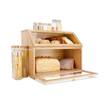 China Modern 2-Tier Kitchen Storage Capacity Customized Double Layer Large Bamboo Bread Box For Food for sale