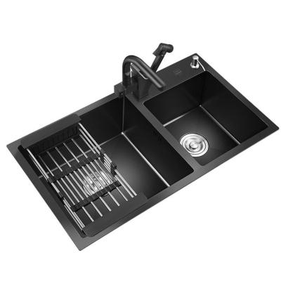 China With Faucet Hot Sale Stainless Steel Deep Basin Nano Double Bowl Undermount Handmade Black Kitchen Sink for sale