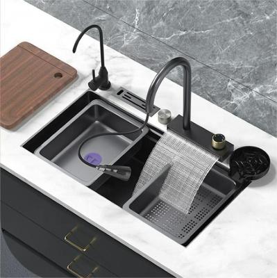 China With Faucet luxury kitchen sinks 304 stainless steel china farmhouse sink modern waterfall rainfall single bowl kitchen sink set black for sale