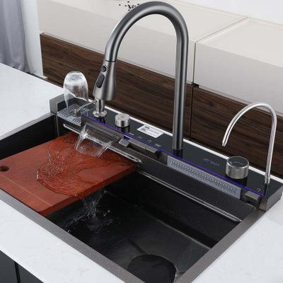 China With Faucet Popular Large Single Slot Multifunction Sink Anti-Scratch LED Digital Display Waterfall Kitchen Sink With Cup Washer for sale