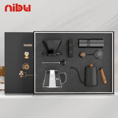 China Nibu Filter Coffee Viable Glass Drip Set Gooseneck Kettle Manual Hand Grinder Gift Box V60 Coffee Dripper Set Pour Over Coffee Maker for sale