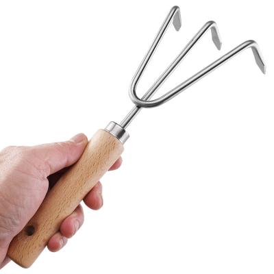 China Wholesale YQ Stainless Steel Beech Handle Garden Tools Stainless Steel Garden Three Tooth Rake for sale