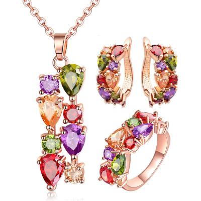 China High Quality Earring Ring Fashion Jewelry Sets Mona Lisa Style Colorful Zircorn Rose Gold Necklace Jewelry Set For Women Christmas Valentine Gift for sale