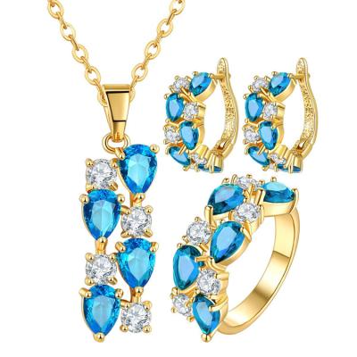 China High Quality Fashion Jewelry Sets Mona Lisa Style Aqua Blue Zircorn Rose Gold Necklace Earring Ring Jewelry Set For Girls Christmas Valentine Gift for sale