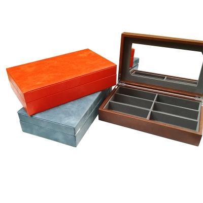 China Leather 6 Slot Wooden Lid Spectacles Sunglasses Storage Display Box With Mirror for sale