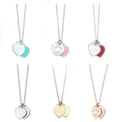 China 925 Sterling Silver Double Heart Pendant Necklace punk luxury high quality tiff style chain pendant heart jewelry pendant necklace for sale