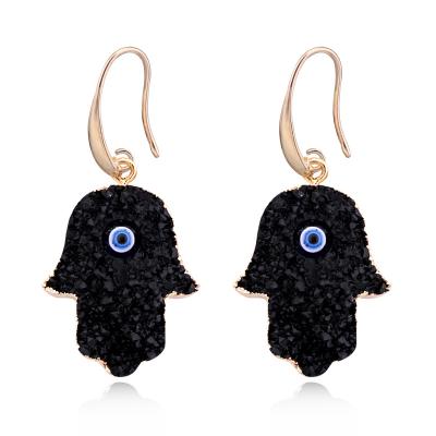 China Hot Sell Lead Free Nickel Free Resin Hamsa Hand Eye Dangle Earrings Black Quartz Hand Evil Eyes Dangle Earrings For Women for sale