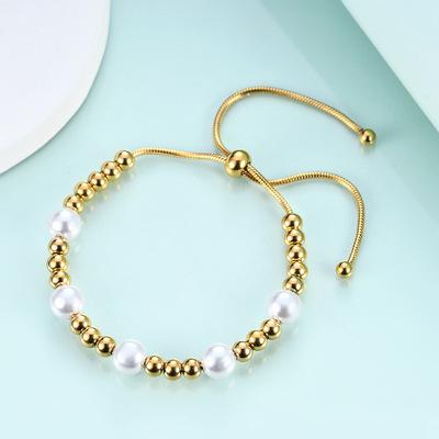 China Vintage Trendy Titanium Bead Chain Bracelet Stainless Steel Faux Pearl Steel Adjustable Bracelet for sale