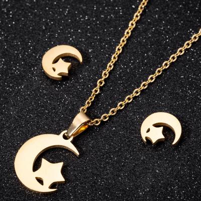 China New Fashion Real Gold Plating Trendy Moon Star Necklace Stainless Steel Star Moon Pendant Jewelry Set for sale