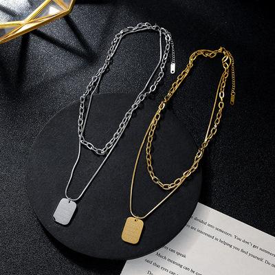 China Hot Selling CLASSIC Double Layers Titanium Square Plate Stainless Steel Necklace Link Chain Pendant Necklace for sale