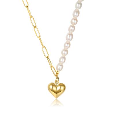 China Summer New High Polished Lead Free Nickel Titanium Pearl Link Chain Necklace Gold Heart Steel Pendant Necklace For Women for sale