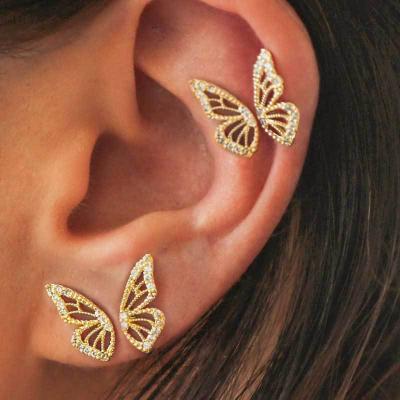 China Nickel Free New Design Lead Free 18k Gold Plated Full Diamond Butterfly Stud Earring CZ Zircon Butterfly Stud Earrings for sale