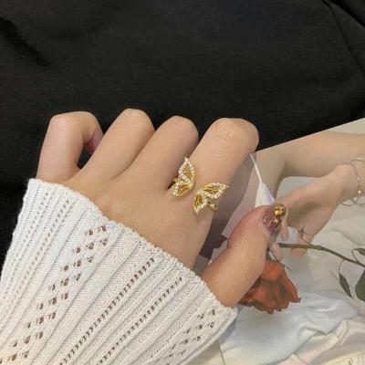 China Real Nickel Free Lead Free Luxury Hot Selling Real Gold Plated Crystal Rhinestone Cubic Zirconia CZ Butterfly Open Rings For Girls for sale