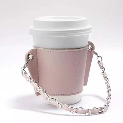 China Hot Viable Reusable Leather Cup Holder For Acrylic Handmade Metal Coffee Mug Chain Wrapped Cup Sleeve for sale