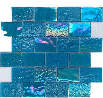 China Iridescent Blue Green Glass Flooring Pool Mosaic Tile Slab Swimming Pool for sale