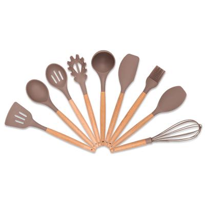 China Sustainable 9 Funtion Heads Brown Silicone Kitchen Utensils Set Heat Resistant Kitchen Cooking Tool for sale