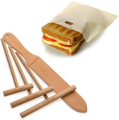 China Sustainable Set of 5 Natural Wood Baking Tools with Toaster Bag Beech Wood Pancake Spreader and Spatula Set for sale