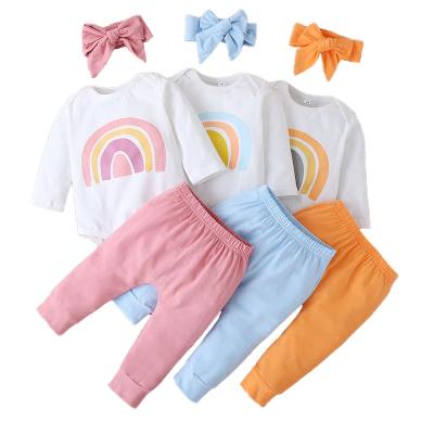 China 2021 Autumn new arrival cute and fashion long sleeve romper baby rainbow romper with headband pants baby romper sets for sale