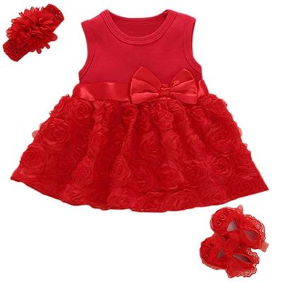 China New Pretty 100% Cotton Babies Puffy Dress Princess Dresses Girl Red One Year Old With Headband And Shoes Baby Dress Dresses for sale