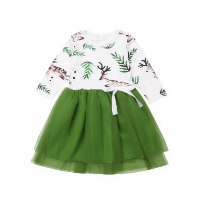 China Amazon 2021 Christmas Green Fawn Print Long Sleeve Kids Clothing Babies 1-6 Years Old Casual Children Dress for sale