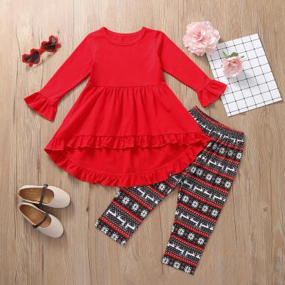 China Casual Girls Autumn Christmas Set Solid Color Sleeve Long Dresses Girls Printed Pants Two Pieces Clothing Set Kids Outfits for sale