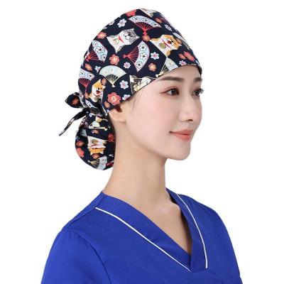 China Casual Cheap Surgical Hat Printed Adjustable Cotton Button Band Sweat Absorbent Towel Solid Color Doctor Operating Nurses Scrub Hat for sale