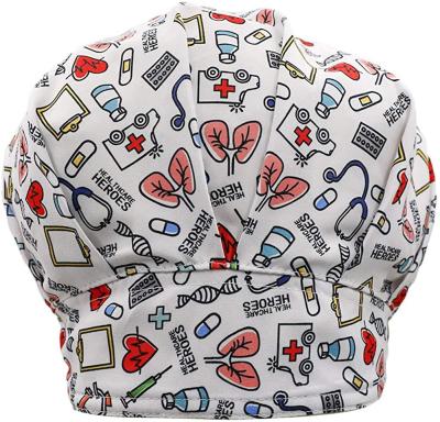 China Hospital Nurses Scrub Hats New Printed Cotton PA Practical Nursing Silk Scrub Hats With Long Button Hair Women Christmas Scrub Hats for sale