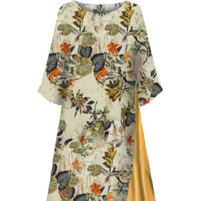 China 2021 European anti-static and American spring and retro warm autumn style floral round neck stitching long-sleeved dress. for sale