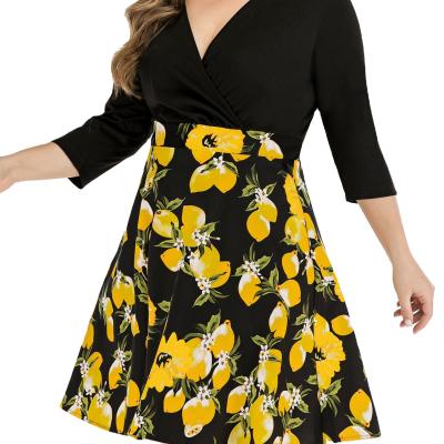 China 2021 summer European and American women's plus size V-cotton printed dress anti-static. for sale