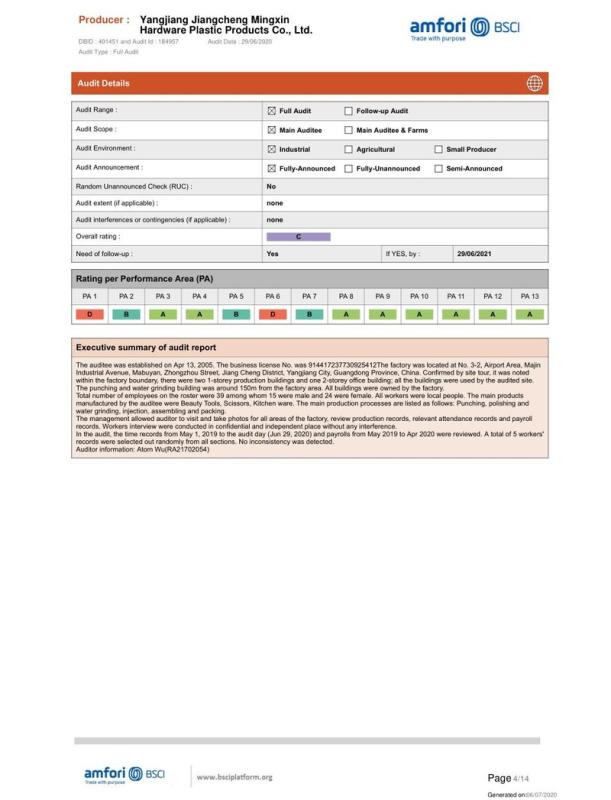 BSCI - Yangjiang Jiangcheng Mingxin Hardware Plastic Products Co., Ltd.