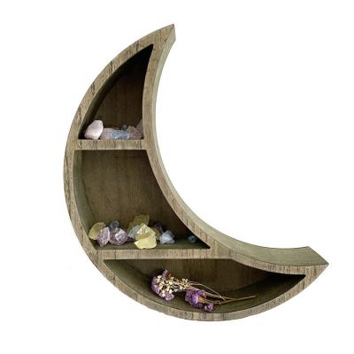 China Cheap Rustic Rustic Wooden Shelf Half Moon Wall Mounted For Crystal for sale