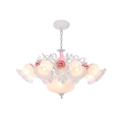 China Decorative Flower 11 Hotel Iron Chandelier Lighting White Ceramic Shades Glass Pendant Lamp For Hotel Living Room for sale