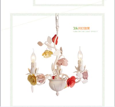 China Modern Hanging Chain Flower 3 Light Iron Colorful Ceramic Chandelier Lamp For Wedding Project Cafe for sale