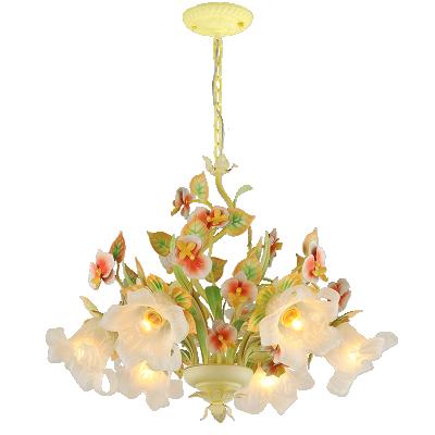 China Hotel Country Style Indoor Decorative Glass Flower E27 8 Shades Iron Lamps Chandelier Lighting for sale