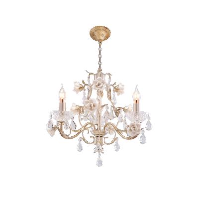 China Modern New Design Luxury Ceramic Flower Lilac Iron 3 Lamps Chandelier Lighting With Crystal Drops for sale