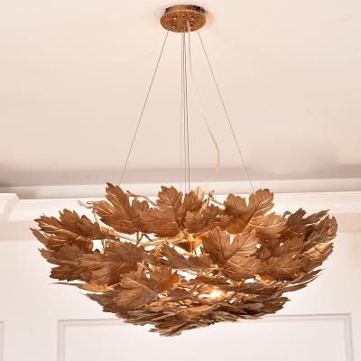 China Contemporary Villa Foyer Large Maple Leaf Copper Lighting Long Staircase G9 Chandelier Villa Luxury Design Pendant Lamp for sale