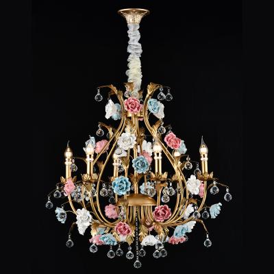 China Traditional French Style Flower Colorful Brass Ceramic Chandelier Hanging Pendant Lamp Iron Chandelier Lighting for Hotel Villa for sale