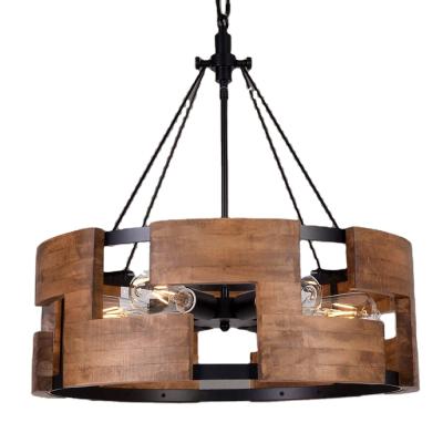 China Retro Chandelier Post Modern Round Wood Metal Light Fixture Decorative Light Rustic Antique Pendant Lamp For Farmhouse for sale