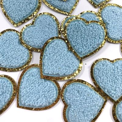 China Pasteable 5cm Iron On Chenille Embroidered Heart Patches With Gold Glitter Available For Clothing Bag And DIY Accessories for sale