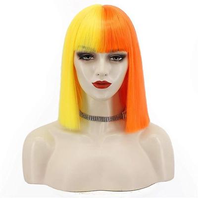 China Strengthen Weft Synthetic Short Straight Yellow Wig With Bangs Pink Blonde Black Bob Wig For Women Cosplay Wig for sale