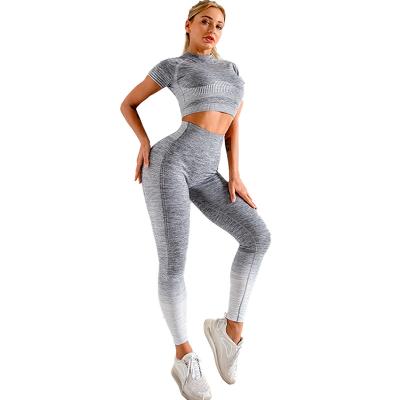 China New Logo Breathable Women Seamless 3 Piece Yoga Sets Squat Proof Stripe Yoga Set Tie Dye Short Sleeve Yoga Sets for sale