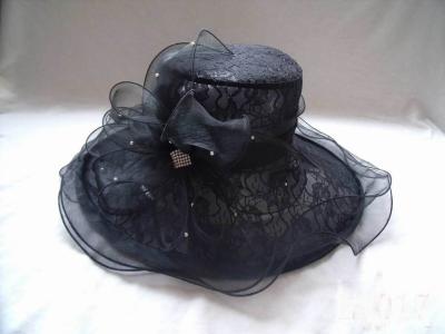 China Black Ladies Church Organza Hat With Lace Fabric, Pearl Buckle For Party, Special Occasion for sale