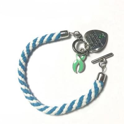 China XP-AJ-1002 BOHEMIA Factory Heart Pendant Braiding Ovarian Cancer Awareness Autism Ribbon Bracelet For Gifts for sale